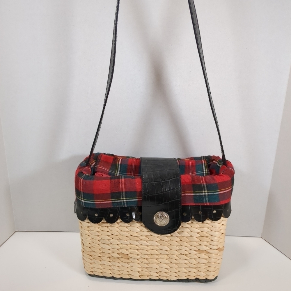 Woven Straw And Plaid Shoulder Bag